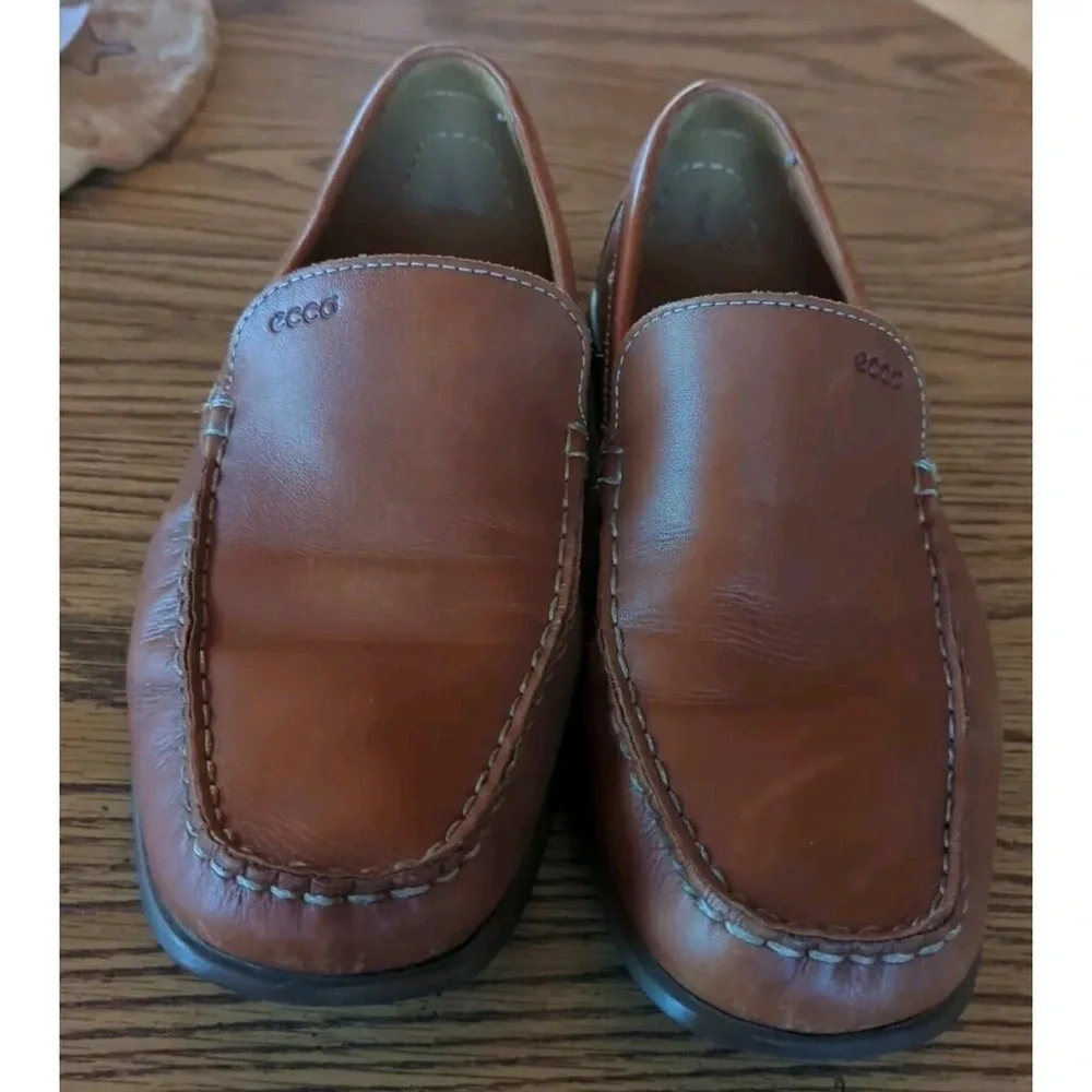Mens Ecco Loafers Shoes Sz 10 44X W Used Brown Leather Plain‎ Toe Driving Modern
